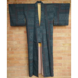 Antique Dark Blue Mawata Ojiya Tsumugi Kimono