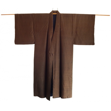 Men's Vintage Japanese Brown Silk Squares Pattern Kimono