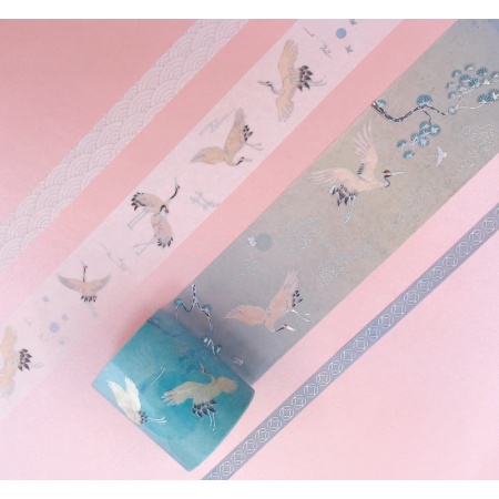 Washi Tape Rolls with Light Blue Cranes and Wave Border Designs