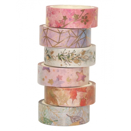 Washi Tape Rolls with Pink Tone Flower and Leaf Designs