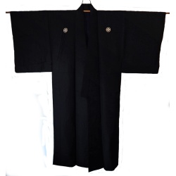 Men's Black Habutae Silk Vintage Itsutsumon Kimono