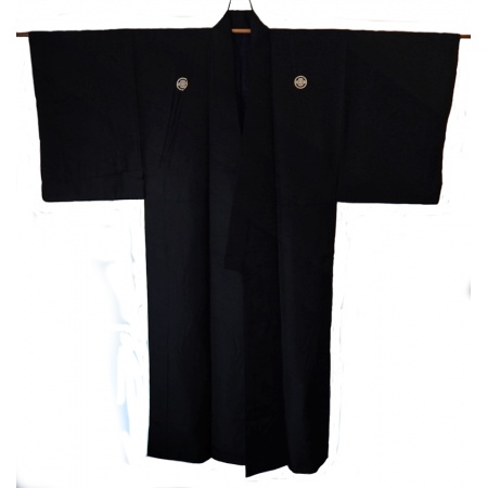 Men's Black Habutae Silk Vintage Itsutsumon Kimono